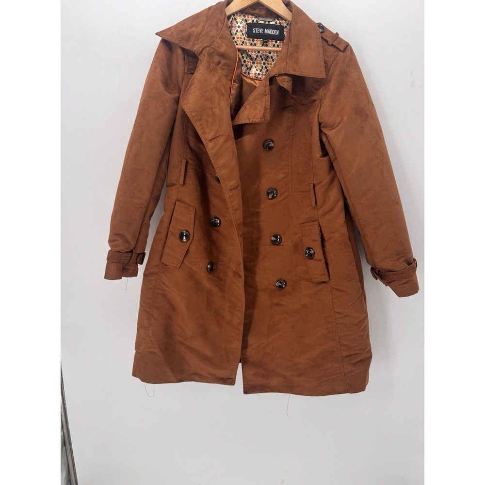 Steve Madden Women's L Brown Faux Suede Mid Length Trench Coat Lined Jacket